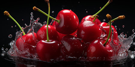 Fresh Ripe Cherry with Splash effect, Juicy and tasty Fruit, Healthy Food.の素材