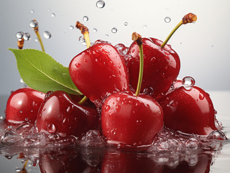 Fresh Ripe Cherry with Splash effect, Juicy and tasty Fruit, Healthy Food.の素材