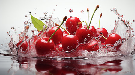 Fresh Ripe Cherry with Splash effect, Juicy and tasty Fruit, Healthy Food.の素材