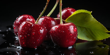 Fresh Ripe Cherry on Black background, Juicy and tasty Fruit, Healthy Food.の素材