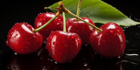 Fresh Ripe Cherry on Black background, Juicy and tasty Fruit, Healthy Food.の素材