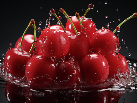 Fresh Ripe Cherry with Splash effect, Juicy and tasty Fruit, Healthy Food.の素材