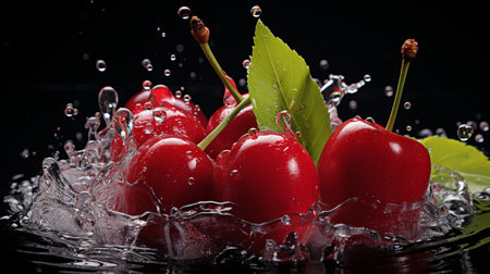 Fresh Ripe Cherry with Splash effect, Juicy and tasty Fruit, Healthy Food.の素材