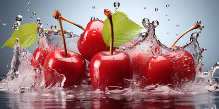 Fresh Ripe Cherry with Splash effect, Juicy and tasty Fruit, Healthy Food.の素材