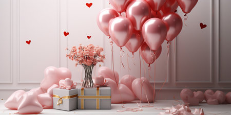Gift box and balloon background, Symbol of Love, Festive Element, Happy Valentine's day, advertising material, Copy space.の素材