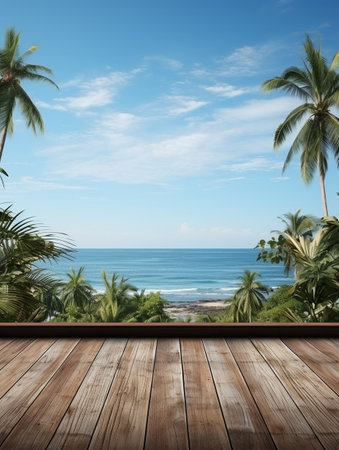A Wooden Platform overlooking Beautiful Beach and Sea Scenery, Serene view, mockup with copy space.の素材