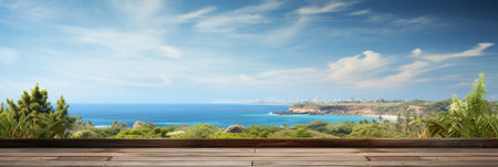 A Wooden Platform overlooking Beautiful Beach and Sea Scenery, Serene view, mockup with copy space.の素材