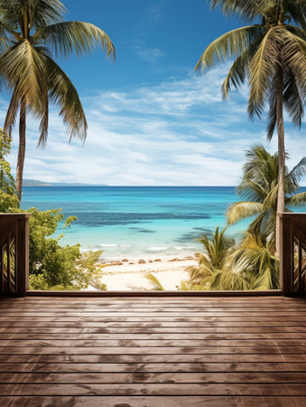 A Wooden Platform overlooking Beautiful Beach and Sea Scenery, Serene view, mockup with copy space.の素材