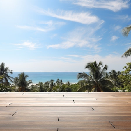 A Wooden Platform overlooking Beautiful Beach and Sea Scenery, Serene view, mockup with copy space.の素材
