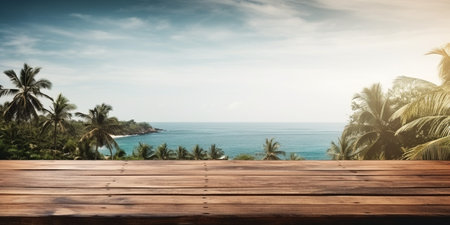 A Wooden Platform overlooking Beautiful Beach and Sea Scenery, Serene view, mockup with copy space.の素材