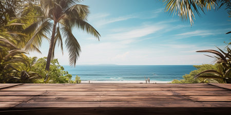 A Wooden Platform overlooking Beautiful Beach and Sea Scenery, Serene view, mockup with copy space.の素材
