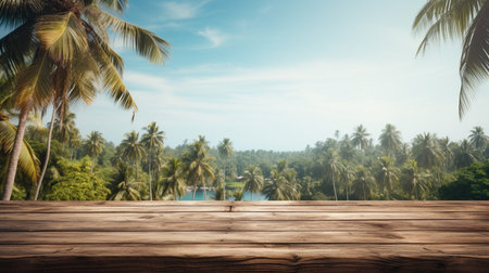 A Wooden Platform overlooking Beautiful Beach and Sea Scenery, Serene view, mockup with copy space.の素材