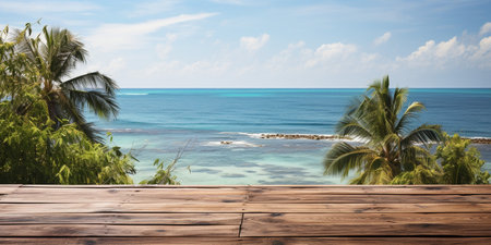 A Wooden Platform overlooking Beautiful Beach and Sea Scenery, Serene view, mockup with copy space.の素材