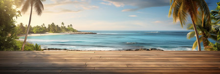 A Wooden Platform overlooking Beautiful Beach and Sea Scenery, Serene view, mockup with copy space.の素材
