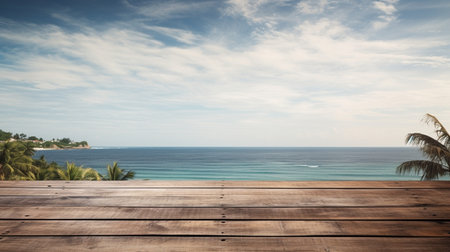 A Wooden Platform overlooking Beautiful Beach and Sea Scenery, Serene view, mockup with copy space.の素材