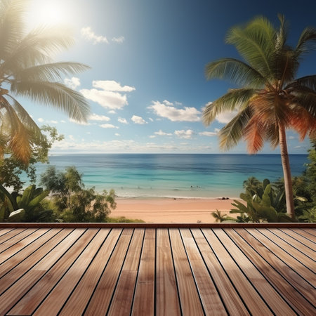 A Wooden Platform overlooking Beautiful Beach and Sea Scenery, Serene view, mockup with copy space.の素材