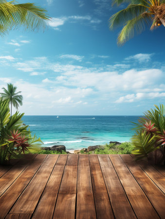 A Wooden Platform overlooking Beautiful Beach and Sea Scenery, Serene view, mockup with copy space.の素材