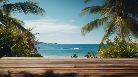 A Wooden Platform overlooking Beautiful Beach and Sea Scenery, Serene view, mockup with copy space.の素材