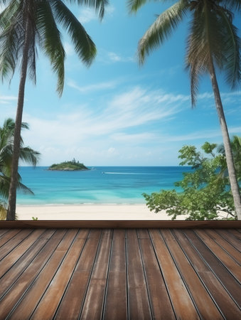 A Wooden Platform overlooking Beautiful Beach and Sea Scenery, Serene view, mockup with copy space.の素材