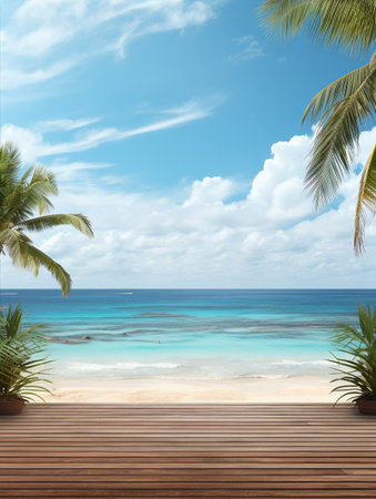 A Wooden Platform overlooking Beautiful Beach and Sea Scenery, Serene view, mockup with copy space.の素材
