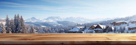 A Wooden Platform overlooking Beautiful rural snow village Scenery, Serene view, mockup with copy space, Countryside Landscape.の素材