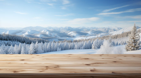A Wooden Platform overlooking Beautiful rural snow village Scenery, Serene view, mockup with copy space, Countryside Landscape.の素材