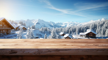 A Wooden Platform overlooking Beautiful rural snow village Scenery, Serene view, mockup with copy space, Countryside Landscape.の素材