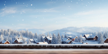 A Wooden Platform overlooking Beautiful rural snow village Scenery, Serene view, mockup with copy space, Countryside Landscape.の素材