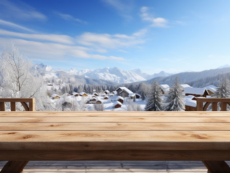 A Wooden Platform overlooking Beautiful rural snow village Scenery, Serene view, mockup with copy space, Countryside Landscape.の素材