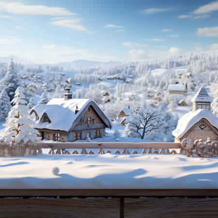 A Wooden Platform overlooking Beautiful rural snow village Scenery, Serene view, mockup with copy space, Countryside Landscape.の素材