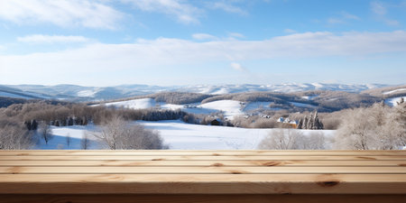 A Wooden Platform overlooking Beautiful rural snow village Scenery, Serene view, mockup with copy space, Countryside Landscape.の素材