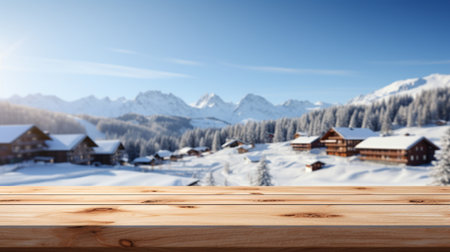 A Wooden Platform overlooking Beautiful rural snow village Scenery, Serene view, mockup with copy space, Countryside Landscape.の素材