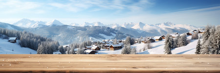 A Wooden Platform overlooking Beautiful rural snow village Scenery, Serene view, mockup with copy space, Countryside Landscape.の素材