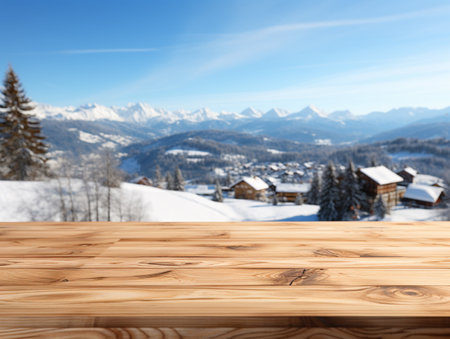A Wooden Platform overlooking Beautiful rural snow village Scenery, Serene view, mockup with copy space, Countryside Landscape.の素材