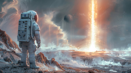Astronaut discovering a dimensional rift on an alien planet gateway glowingの素材