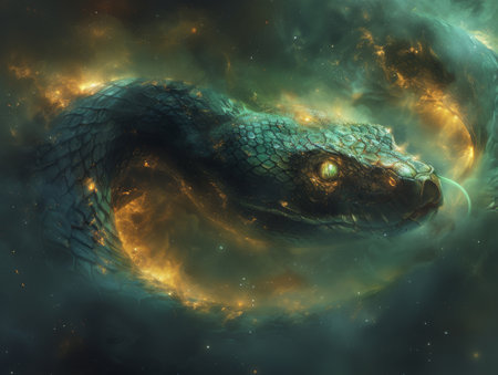 Basilisk with gaze turning stars to stone slithering through black holesの素材