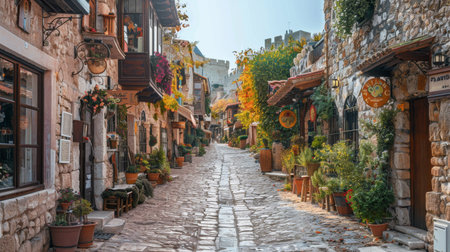 Cobbled streets of a bustling medieval town artisans and jestersの素材