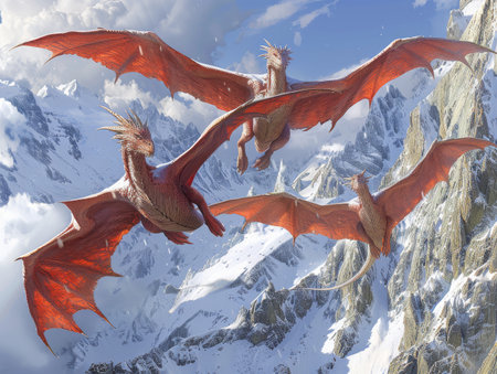 Crimson wyverns soaring over mountains cries echoing across valleysの素材