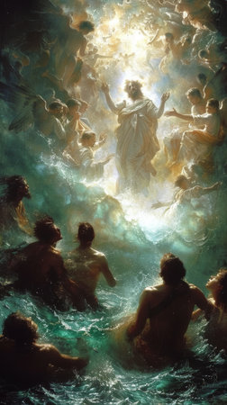 Demon disguised as a siren luring sailors with songs of despair countered by an angels melody of hopeの素材