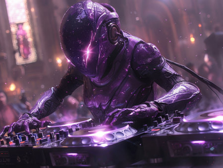 Demon DJ spinning pulsar beats a dance floor alive with alien lifeformsの素材