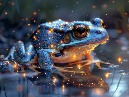 Frog with a skin that shimmers like a constellation leaping into a pond of starlightの素材
