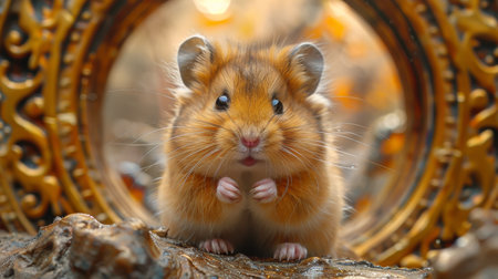 Hamster on a golden wheel spinning with joy under the watchful eyes of saintsの素材