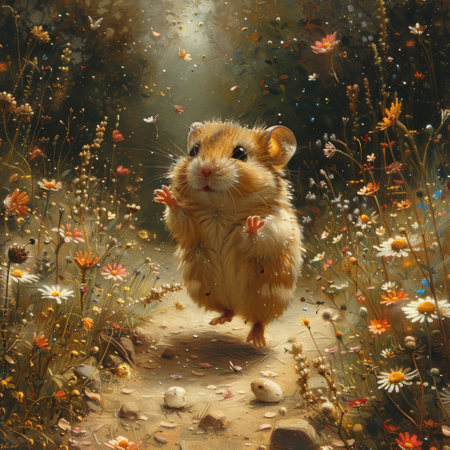 Golden hamster in a sphere of light rolling joyfully along a path lined with celestial flowersの素材