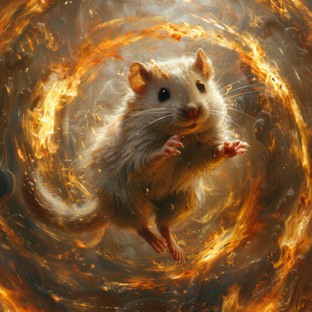 Hamster running endlessly in a wheel of fire powering the underworlds machinationsの素材