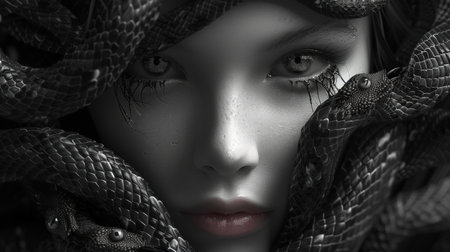 Gorgon with serpents hissing infernal secrets eyes filled with endless tormentの素材