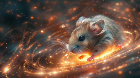 Hamster with black hole patterns orbiting food space wheel runの素材