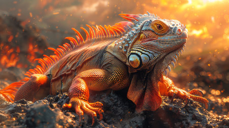 Iguana basking on a rock of brimstone its scales glowing with the heat of hellの素材