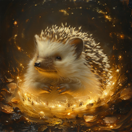 Hedgehog with quills aglow curling into a ball of light rolling towards eternal peaceの素材