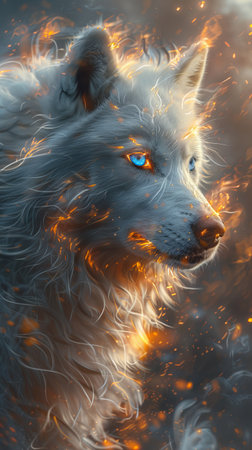 Husky with icy blue eyes a chilling presence in the heat of the infernoの素材
