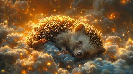 Hedgehog curling up in a cloud safe and sound in the heavenly embraceの素材